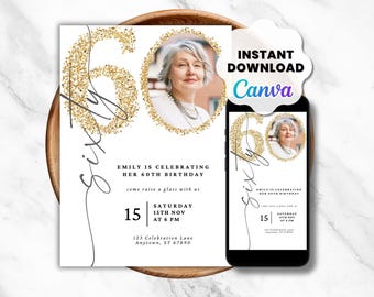 Plantilla de invitación fotográfica para el 60 cumpleaños, elegante tarjeta de fiesta (descarga digital)