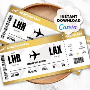 Peut inclure: Deux cartes d'embarquement avec des accents dorés et du texte noir. Les cartes indiquent "Boarding Pass" et comprennent des détails de vol tels que "LHR" à "LAX", les heures de vol et le nom du passager "Lila Park". L'image comprend également le texte "Instant Download Canva".