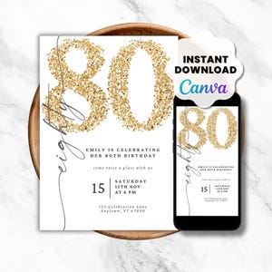 80th Birthday Invitation Template, Elegant Gold Birthday Invite, Digital Canva Download
