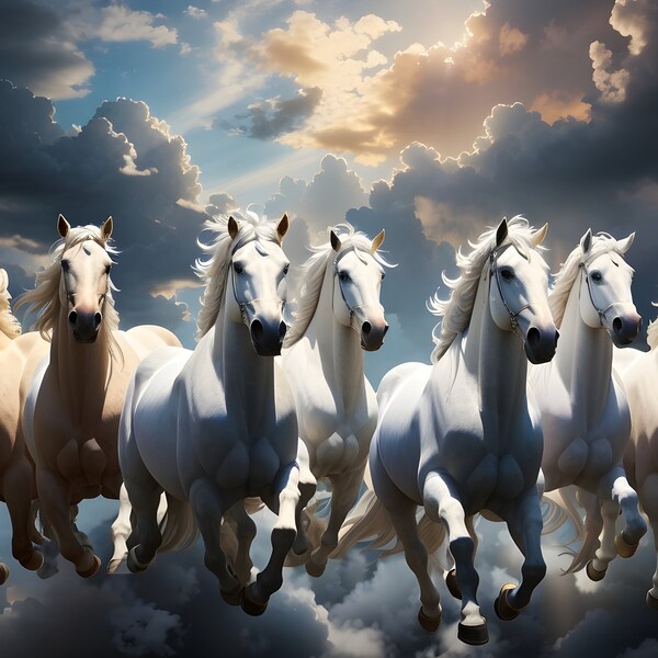 Seven Horses running/ on clouds ( HEAVEN) /digital art for walldecor /digital file for wall hanging/ instant download