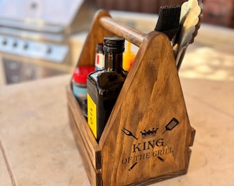 Custom Engraved Wooden Grill Caddy/Organizer with Bottle Opener