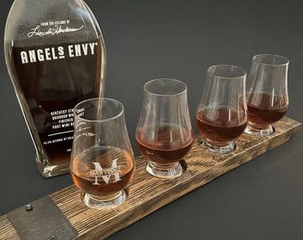 Banded Whiskey Barrel Flight Board with Optional Glencairn Glasses, Texas Handmade Gift