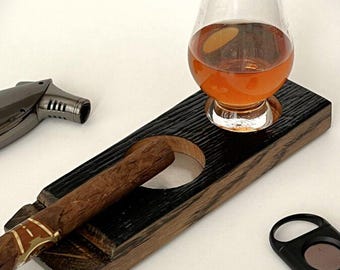 Whiskey Barrel Cigar Rest, Ashtray, And Glencairn Glass Holder