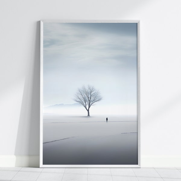 Solitary Reflection - Lone Tree Digital Wall Art, Wall Decor, Art Print, Digital Print, Digital Download, Minimalist Solitude Art,