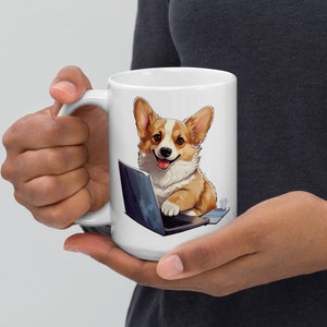 Ceramic mug printed adorable corgi dog working on PC on coffee or tea cup, the ideal gift