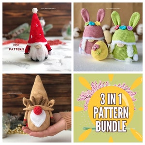 Amigurumi Gnomes PDF Crochet Pattern Bundle Instant Download 3IN1 Set for DIY Craft Enthusiasts, Unique Handmade Gift Idea image 1