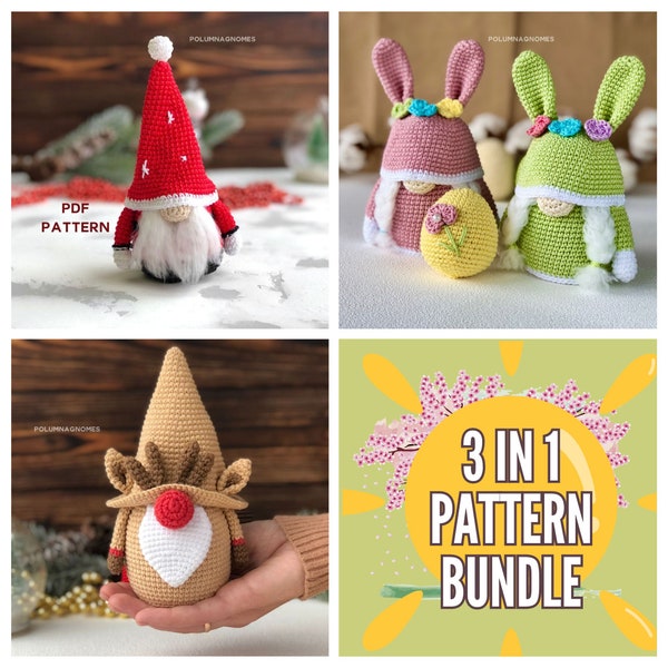 Amigurumi Gnomes PDF Crochet Pattern Bundle - Instant Download 3IN1 Set for DIY Craft Enthusiasts, Unique Handmade Gift Idea