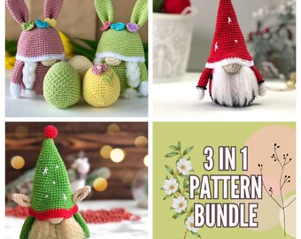 3-in-1 Crochet Gnomes patterns: Spring, Holiday, Winter | Easter bunny patterns, Amigurumi patterns bundle | PDF Pack