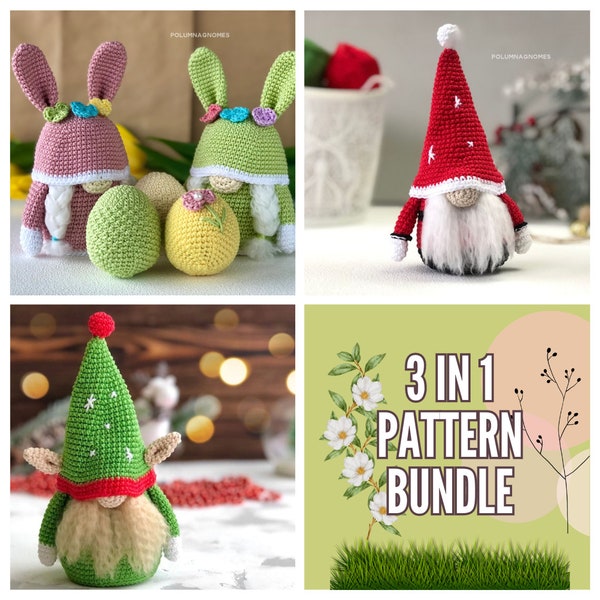 Modèles de nains au crochet 3 en 1 : printemps, vacances, hiver | Motifs lapin de Pâques, lot de motifs Amigurumi | Pack PDF