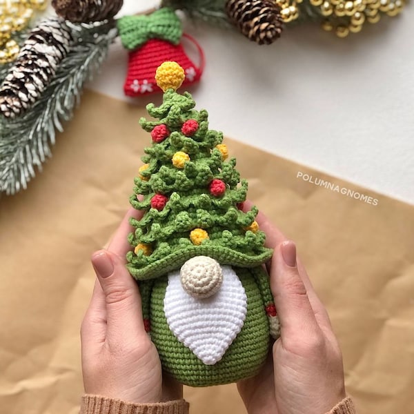 Gnome Christmas Tree Crochet Pattern, Christmas tree ornaments gnome, Amigurumi gnome patterns, Gnome christmas decor crochet pattern