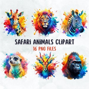 Paquete de imágenes prediseñadas de animales Safari, animales africanos safari de acuarela para crear carteles, diseños de camisetas, sublimación, scrapbooking, descarga instantánea