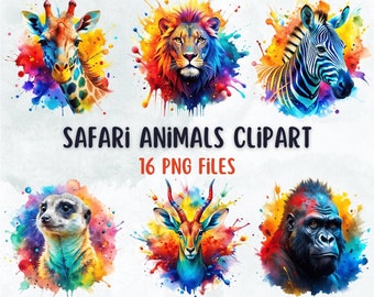 May include: A set of 16 digital clipart images featuring safari animals in a watercolor style. The animals include a giraffe, lion, zebra, meerkat, antelope, and gorilla. Each animal is surrounded by colorful watercolor splatters.