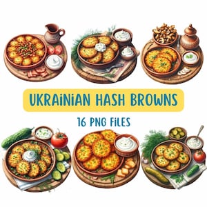 Paquete de imágenes prediseñadas de Deruny ucraniano, comida ucraniana, imágenes prediseñadas de hash brown, cocina nacional ucraniana, descarga instantánea