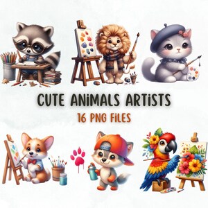 Op de afbeelding: Een digitale collectie van 16 PNG-bestanden met illustraties van dieren als kunstenaars, waaronder een wasbeer, leeuw, kat, corgi, wolf en papegaai met kunstbenodigdheden, gelabeld CUTE ANIMALS ARTISTS 16 PNG FILES.