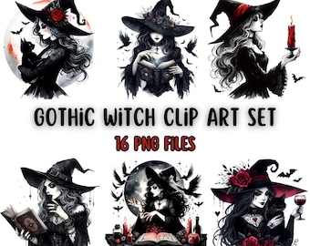 Könnte beinhalten: Ein digitales Kunstset mit sechs Illustrationen von Gothic-Hexen. Jede Hexe trägt einen schwarzen Hut und Kleidung, mit Fledermäusen, Rosen und Kerzen. Der Text "Gothic Witch Clip Art Set" und "16 PNG Files" wird angezeigt.