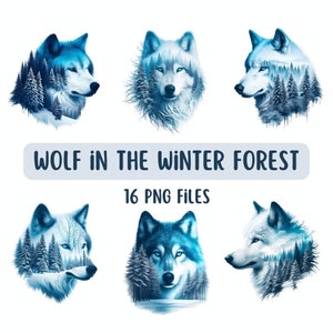 Set cliparts wolf in het winterbos png, wolf illustratie, natuur clipart, T-shirt afdrukken, sublimatie wolf, instant download.