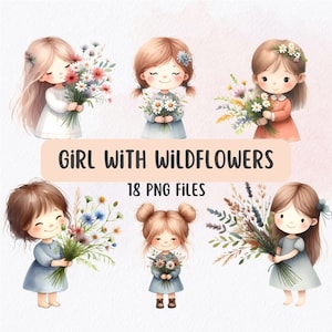 Clipart-Set Mädchen mit Wildblumen, Aquarell Clipart Wildblumen, Clipart kleines Mädchen, Karten basteln, Scrapbooking