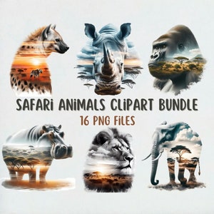 Paquete de imágenes prediseñadas de animales de Safari, conjunto de imágenes prediseñadas de animales de África, animales salvajes png, ilustraciones de animales de safari, descarga instantánea