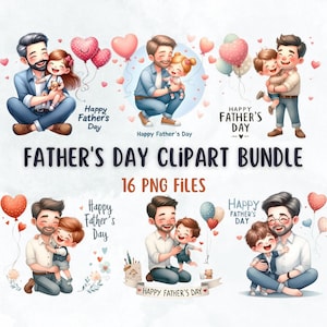 Paquete de imágenes prediseñadas del Feliz Día del Padre. Imágenes en acuarela del Día del Padre para sellos de camisetas, carteles, sublimación y otros proyectos creativos.