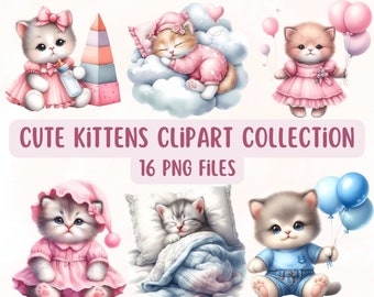 Collection of cute kitten clipart, baby shower clipart, invitation creation, gnome sublimation, watercolor kitten, instant download.