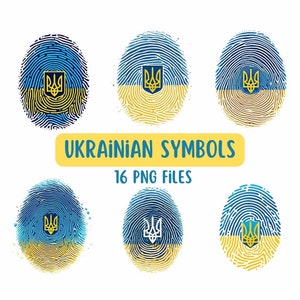 May include: Set of six digital illustrations of the Ukrainian flag in the shape of a fingerprint. The flag is blue and yellow with the Ukrainian trident symbol in the center. The text "UKRAINIAN SYMBOLS 16 PNG FILES" is below the images.