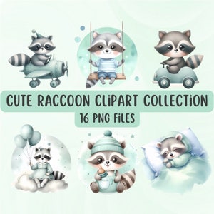 Niedliche Baby-Waschbär-Clipart-Sammlung, Babyparty-Clipart, Einladungserstellung, Sublimations-Waschbär, Aquarell-Waschbär, direkter Download.
