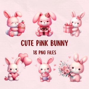 Collection de clipart lapin rose mignon, clipart de lapin mignon pour l’impression sur des t-shirts, cartes postales, sublimation. Téléchargement instantané
