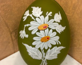 Vintage Satin Green Glass Egg Trinket Box with Hand Painted Daisies
