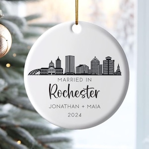 Rochester Skyline Personalized Christmas Hanging Ornament, Custom Rochester New York Wedding, Married in Rochester Gift, Moved to Rochester