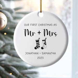 Mr Mrs Stockings Hanging Personalized Ornament, Personalized Wedding Gift, First Christmas Married Ornament, Hanging Couple Custom Ornament