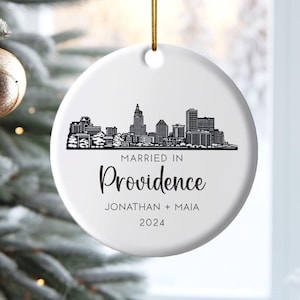 Providence Skyline Personalized Christmas Hanging Ornament, Custom Rhode Island Wedding Gift, Married in Providence, Moved to Providence