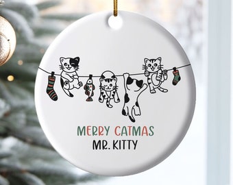 Merry Catmas Christmas Cat Name Ceramic Hanging Ornament Personalized, Custom Cat Name Keepsake, Family Holiday Ornament, Cat Lover Gift