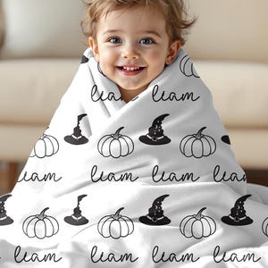Personalized Halloween Blanket for Kids and Adult Custom Name Halloween Gift for Kids Cute Halloween Witch Pumpkin Throw for Halloween Decor