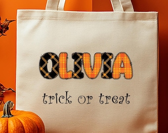 Personalized Plaid Halloween Trick or Treat Tote Bag