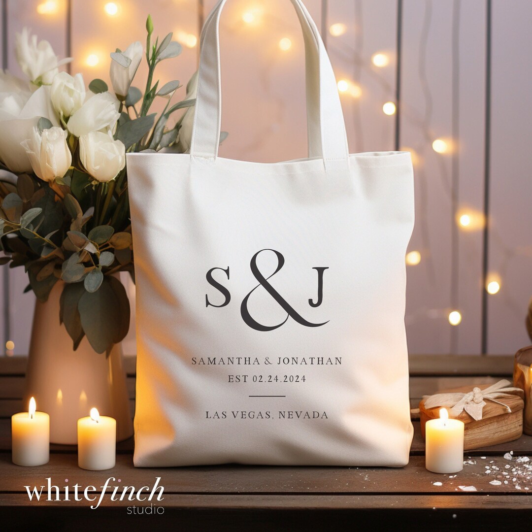 Personalized Wedding Tote Bag: Minimalist Cotton Canvas Bride & Groom ...