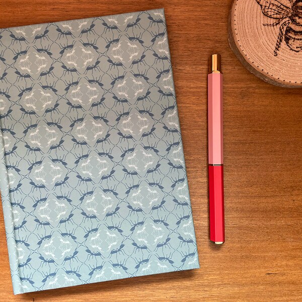 Unique Hardback Notepad | Insect Design |  5 x 7 inches | Retro Pattern | Stocking Filler | Christmas gift for her | Blue Notebook