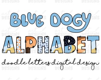 Blue Dog Mixed Designs Doodle Letters + Clipart Elements,  Uppercase Alphabet Set, Blue Red Dog Sublimation Letters,  PNG