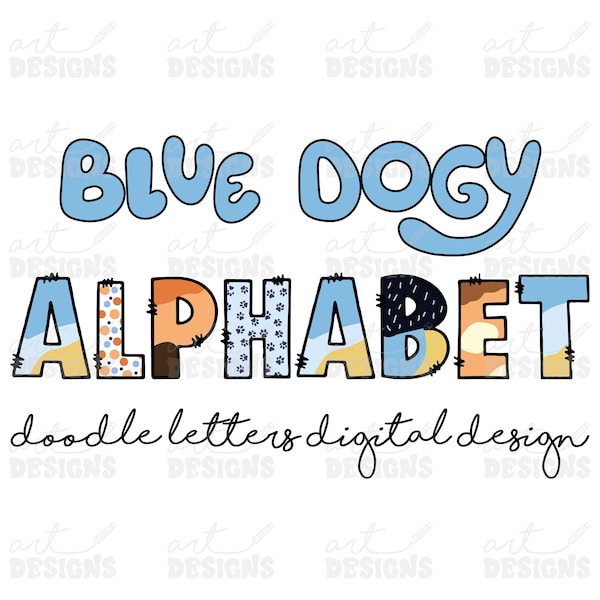 Blue Dog Mixed Designs Doodle Letters + Clipart Elements,  Uppercase Alphabet Set, Blue Red Dog Sublimation Letters,  PNG