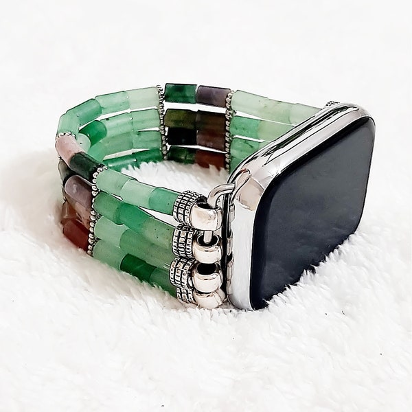 Bracelet de montre Apple en pierre naturelle Aventurine et Indian Agate, Compatible avec toutes les séries Apple Watch