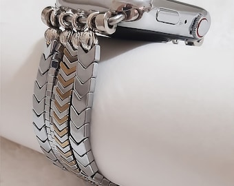 Apple Watch Band, Silver & Gold color Hematite Apple Watch strap woman, Compatible with all Apple Watch Series, bloodstone Watch Bands