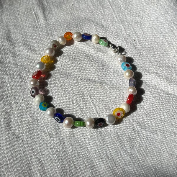 Beachcomber Bracelet - Handmade Millefiori Glass Bead and Freshwater Pearl Bracelet