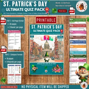 St Patrick’s Day QUIZ PRINTABLE  | 202 Irish-Themed Questions | 9 Printable Rounds | Made in Belfast, Northern Ireland