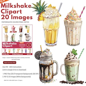 Clipart -Milkshakes -20 Photorealistic colored pencil sketch - 20 PNG&#39;s, 1 PDF Commercial Use Instant Download