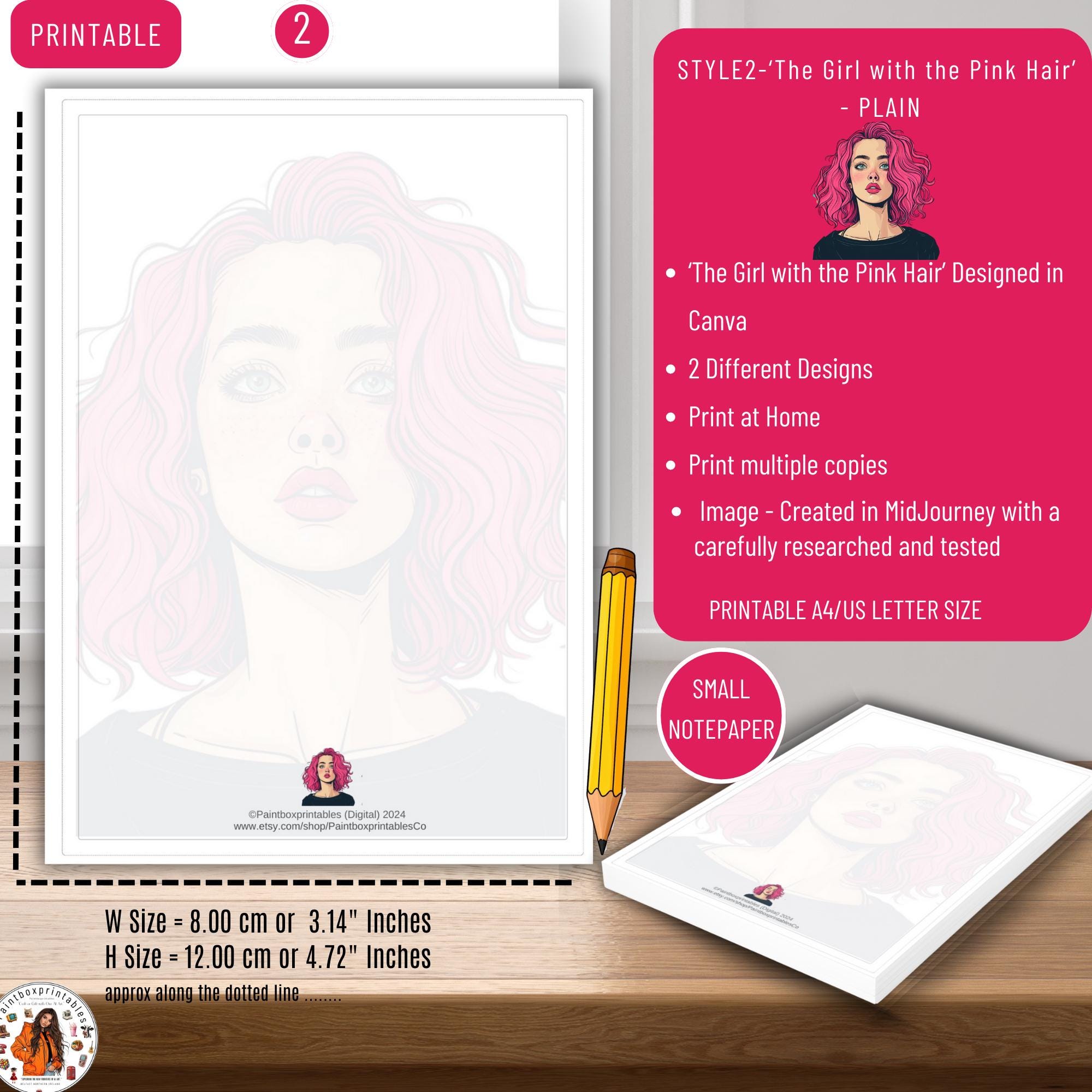 Printable Notepaper 'the Girl With the Pink Hair' 2 STYLES Printable ...