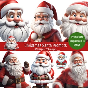 Puede incluir: Una colección de imágenes de Santa Claus en varias poses y estilos, con una combinación de colores rojo y blanco. Las imágenes incluyen retratos de primer plano y representaciones de cuerpo completo. El texto en la imagen dice "Christmas Santa Prompts" y "Prompts for Magic Media in CANVA."