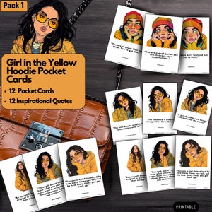 Womens Positivity Cards -  ‘The Girl in the Yellow Hoodie’ - 12 Pocket Cards 12 Inspirational Quotes|Printable| Lunch Note Cards|Wallet Size