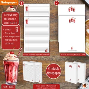 Puede incluir: Papel de notas imprimible de Strawberry Milkshake con dos estilos: rayado y liso. El diseño presenta una ilustración de batido de fresa. El papel de notas está disponible en tamaño A4/US letter.