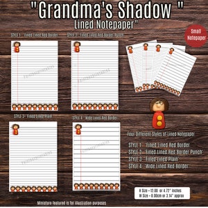 May include: Lined notepaper with four different styles, including red borders and plain lines. The image shows a small notepad and a wooden doll. The notepaper is approximately 12 inches high and 8 cm wide.
