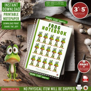 Peut inclure: Un cahier de notes avec une couverture verte et l'inscription "FROG NOTEBOOK". Le cahier présente un motif répété de grenouilles de dessin animé. Le cahier mesure environ 8 cm de large et 12 cm de haut. Le texte "Téléchargement instantané Papier à notes imprimable" est également visible.