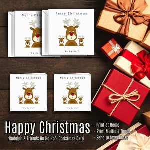 NUOVO NATALE "Rudolph & Friends Ho Ho Ho" - Biglietto di Natale - Illustrazione originale: Cartone animato/Buon Natale/Biglietto di auguri stampabile/